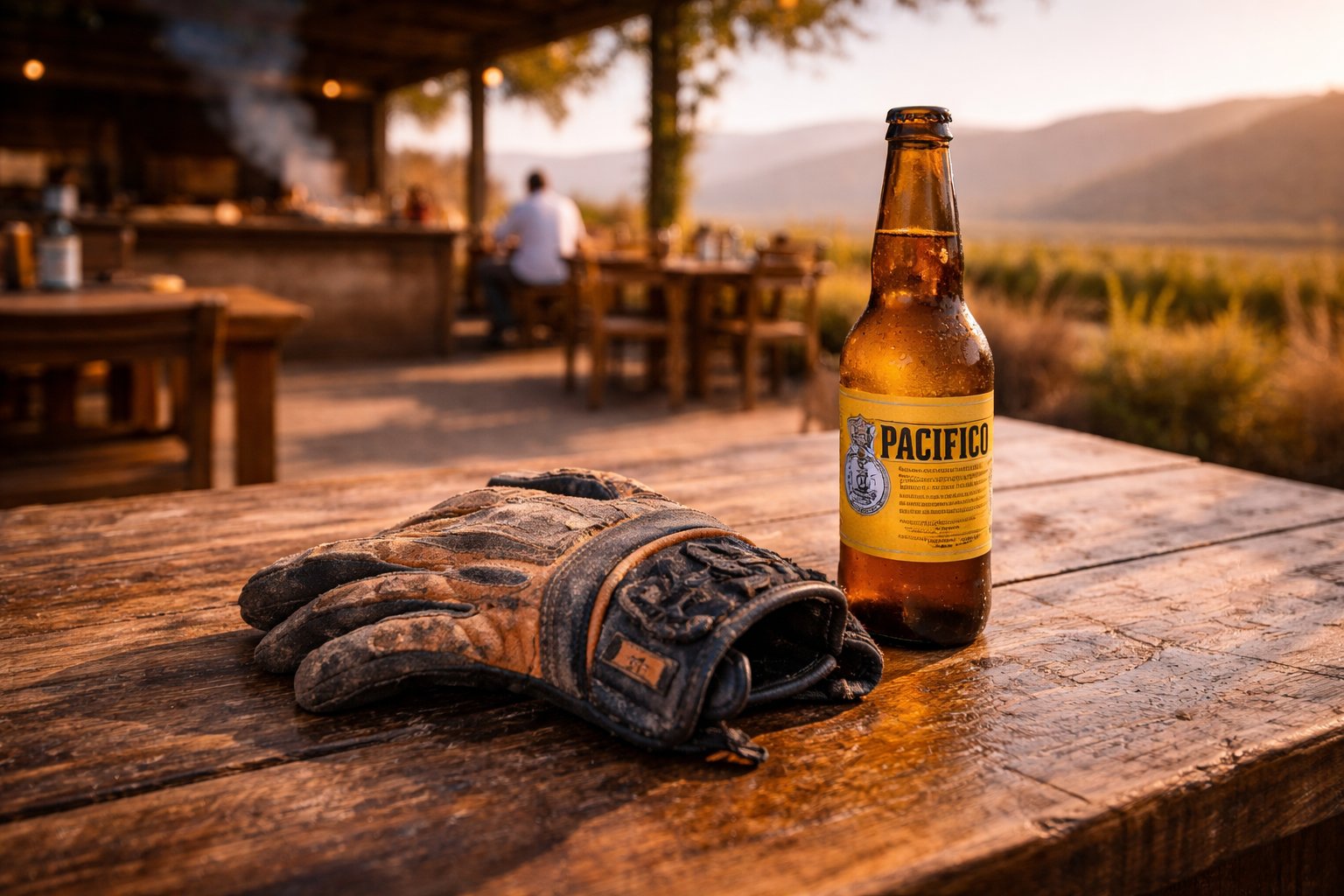 Honda CRF dirt bike at training area with cones and palapa in Baja California wine country at golden hour