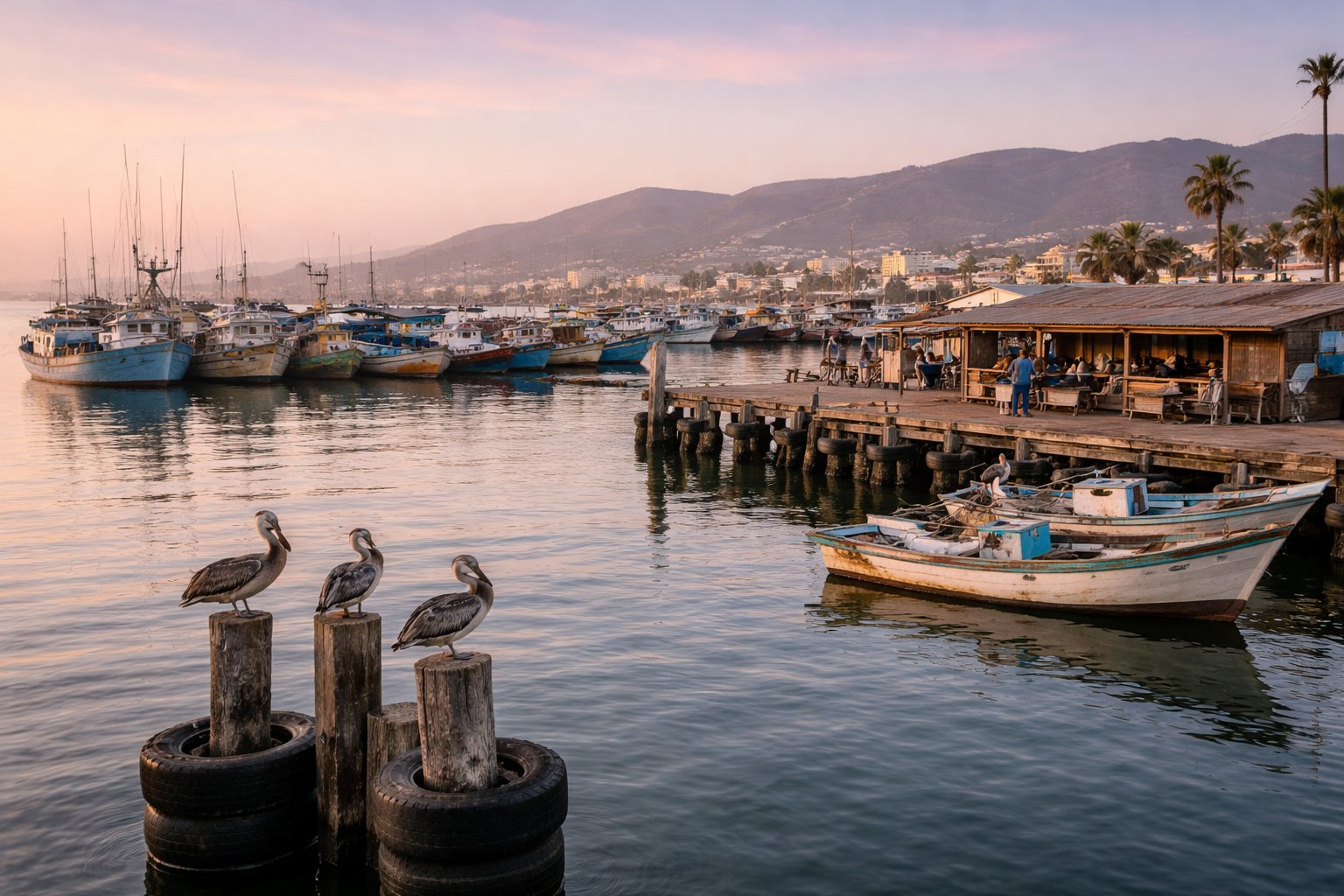 Group of dirt bike riders ascending a trail with Baja California valley and vineyards below