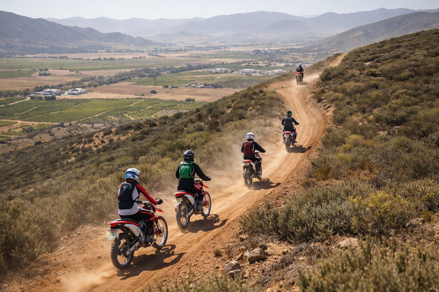 Grupo de riders en moto por un sendero polvoriento con viñedos en Baja California