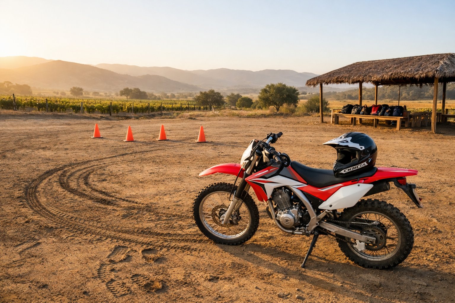 Honda CRF en el área de mantenimiento con viñedos de Baja California al fondo
