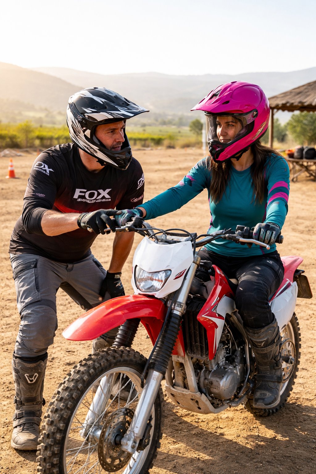 Dirt bike instructor teaching a beginner rider on a Honda CRF at the training area in Baja California