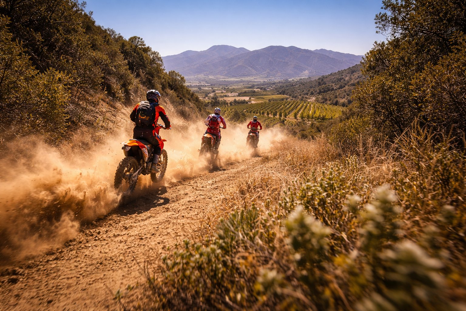 Three dirt bike riders on a dusty trail with mountains and vineyards in Baja California