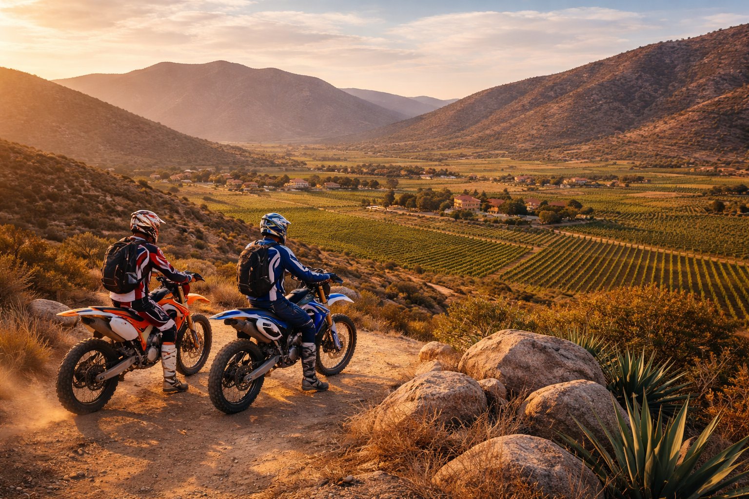 Dos riders en moto al atardecer mirando viñedos en Baja California