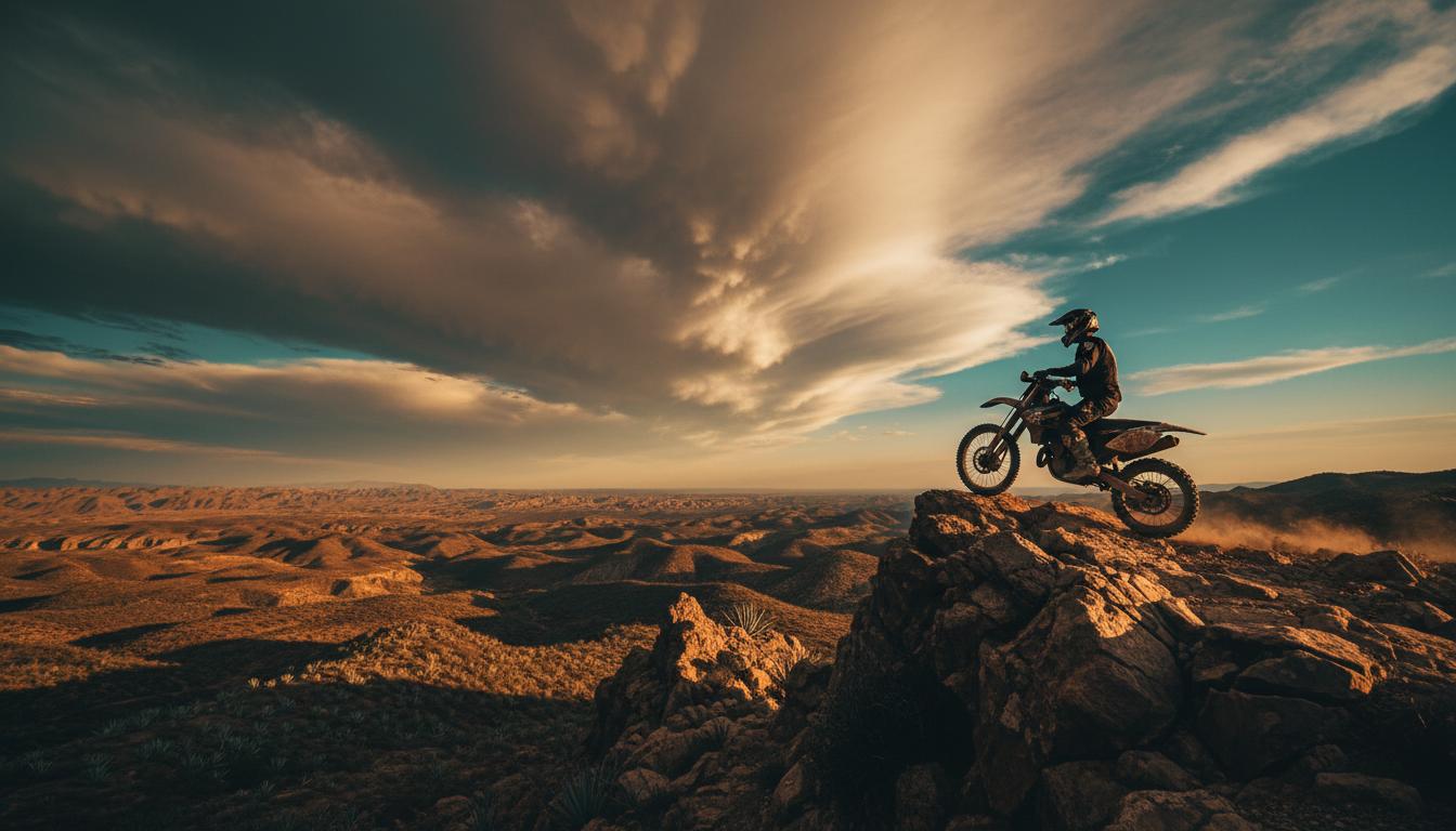 Dirt bike rider on a ridge trail overlooking Valle de Guadalupe