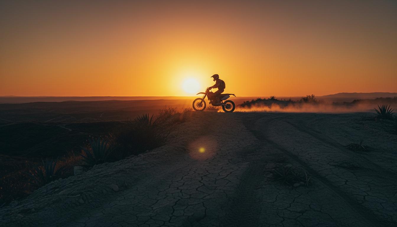 Dirt bike rider at sunset on a Valle de Guadalupe ridge