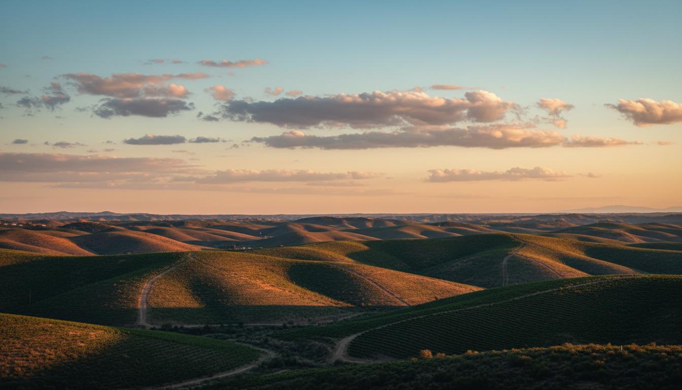 Valle de Guadalupe valley landscape with vineyards and mountains